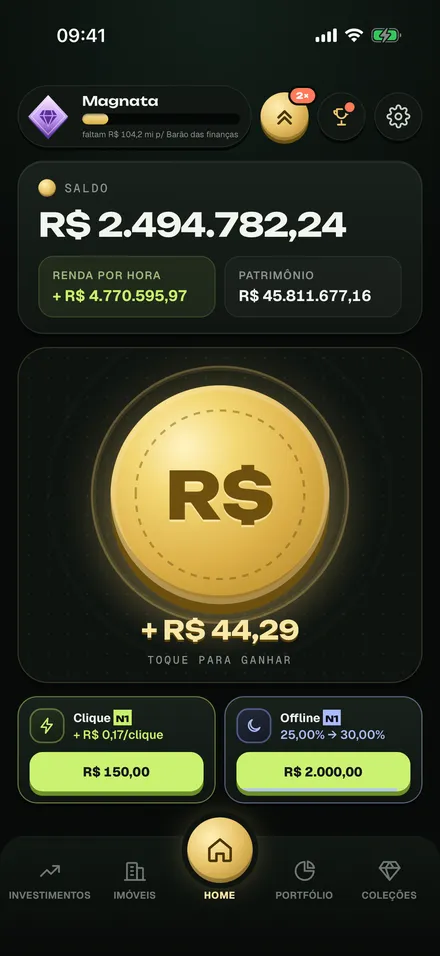 Tela inicial com a moeda e o saldo